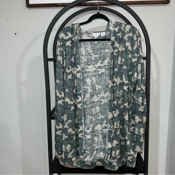 Nicole Miller Green Camo Camouflage 100% Linen Open Front Cardigan size xl - Picture 1 of 7